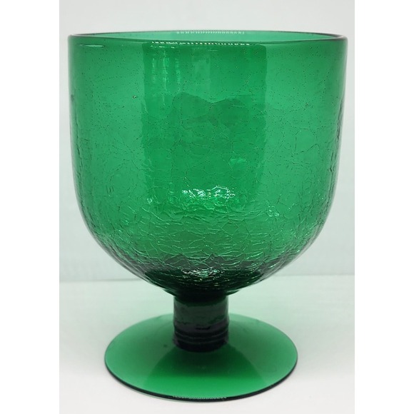 Other - Vintage Hand‎ Blown Emerald Green Crackle Glass Footed Pedestal Vase 6.25 In
